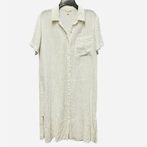 Eileen Fisher Organic Linen Pinstripe Shirt Dress XS Short Sleeve Button Front